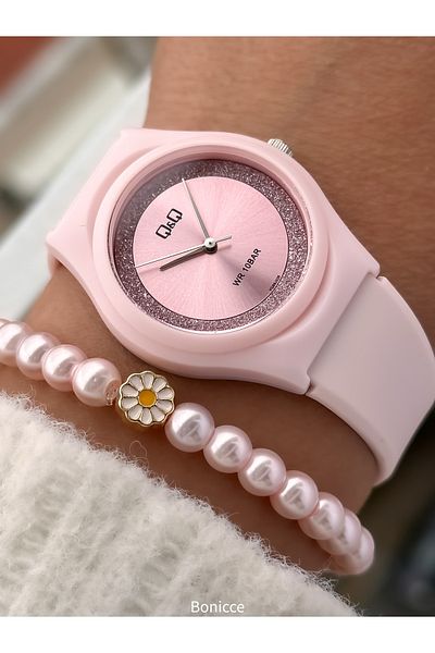 Q&Q Brand Suitable for Pool and Sea Use Pink Silicone Cord Girl's Wristwatch with Bracelet Gift