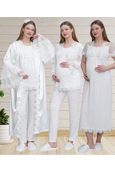 Mecit Pijama طقم نسائي للحوامل مكون من 4 قطع من الساتان مع تفاصيل دانتيل + ​​ثوب نوم بأكمام قصيرة + بيجامة بأكمام طويلة Tk