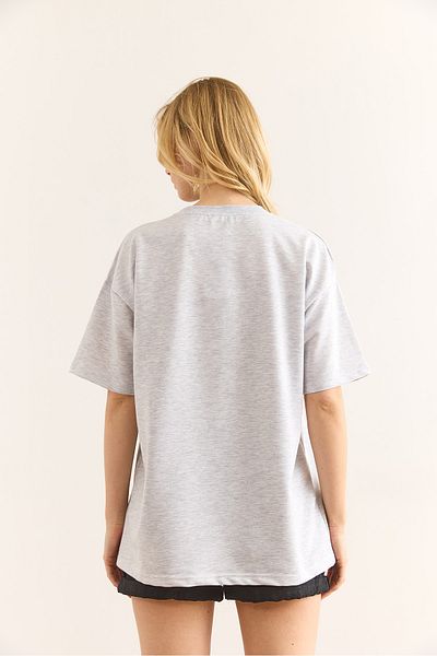 Olalook Tricou pentru femei, gri Melange Leopard New York, imprimat cu 2 fire, cu croiala confortabilă TSH-19000849