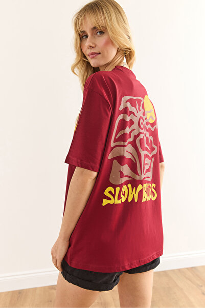 Olalook Women's Burgundy Slow Bliss Front Back Printed Cotton T-Shirt Tsh-19000896