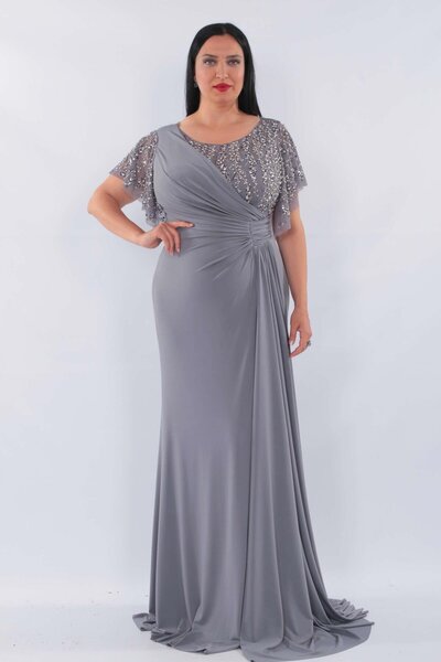 aşkın göksu Gri Önden Yırtmaçlı Beden Ve Kollar İlemeli Kısa Kollu Kadın Abiye