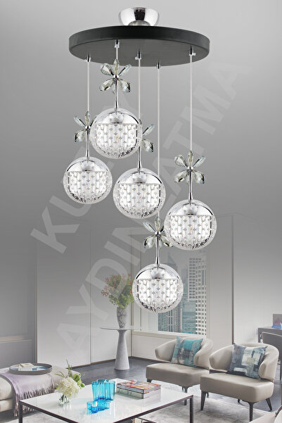 KUZEY AYDINLATMA Roma 5 Li Siyah Kumandalı 3 Renk Ledli Sarkıt Avize