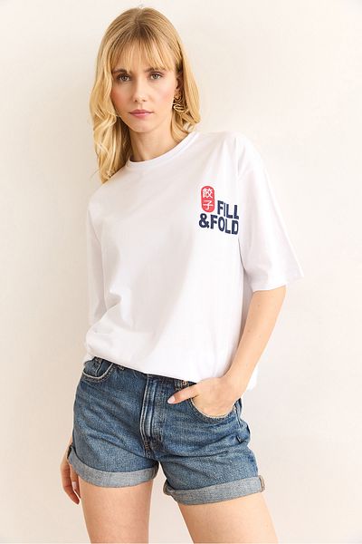 Olalook Tricou alb din bumbac imprimat față și spate pentru femei TSH-19000894