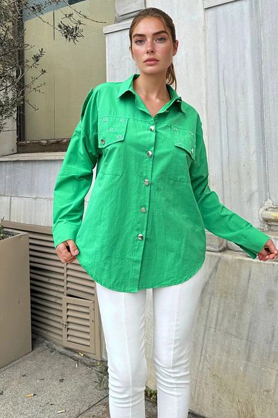 bacc Cămașă lejeră din popelin cu epoleți, verde, cu snap-on, cu știfturi Bcbsk-25700-3519