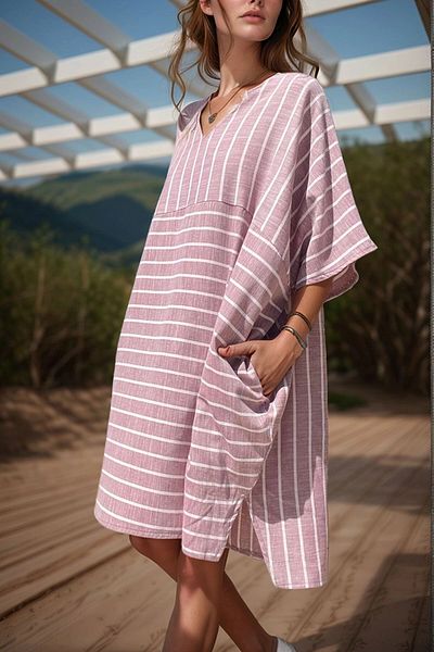 bacc Rochie largi pentru femei, burgundă, cu decolteu în V, cu dungi asimetrice, cu buzunare Bcbsk-25700-3340