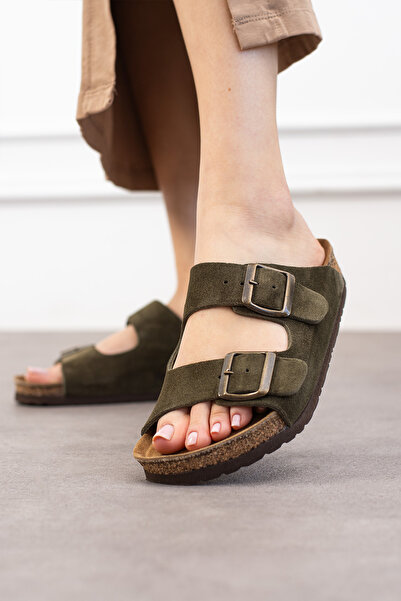 Uniqueqoop Tokyo Hakiki Deri Ortopedik Mantar Taban Süet Unisex Terlik