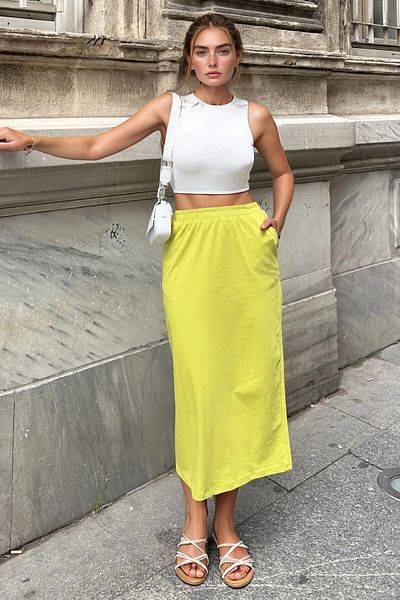 bacc Women's Oil Green High Waist Elastic Waist Long Skirt Bcbsk-25700-3503