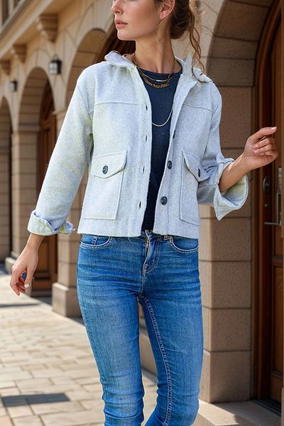 bacc Women's Gray Stamp Pocket Buttoned Short Jacket Bcbsk-25700-3291