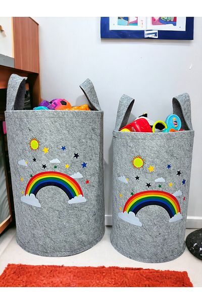 Trend Sizde Unisex Gray Rainbow and Cloud Themed Large and Medium Size Toy Laundry Basket