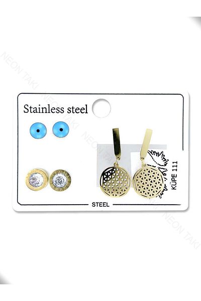 Neon Takı by Atalay Tag: Sensibility + Multiple Earrings + Eye + Zircon + Tree of Life + Stainless + Gold Color