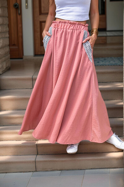 bacc Kadın Gül Kurusu Cebi Hasır Detaylı Beli Lastikli Salaş Etek Bcbsk-25700-3389