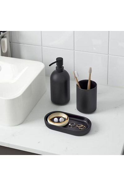 IKEA Bathroom set: brush holder + soap dispenser + glass dish, black, very elegant | GANSJÖN - IKEA