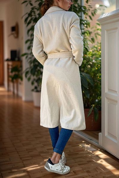 bacc Women's Ecru Jacket Collar Belted Pocket Cashmere Coat Bcbsk-25700-3310