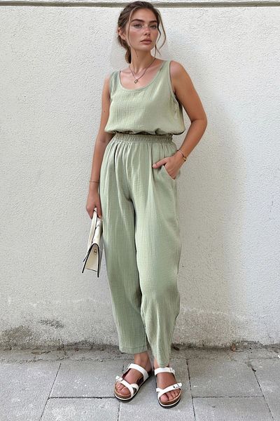 bacc Women's Khaki Muslin Elastic Waist Pocket Casual Trousers Bcbsk-25700-3416