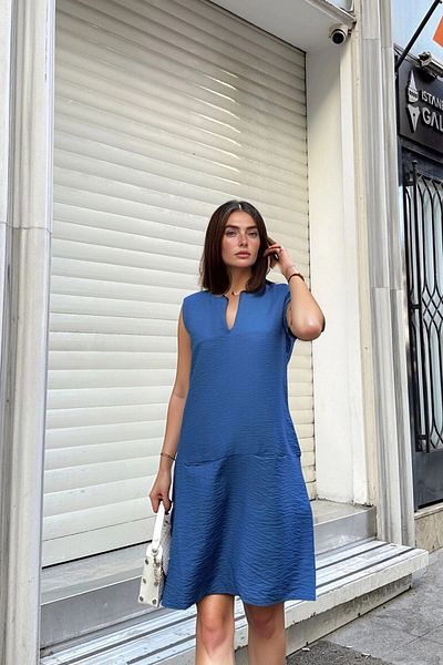 bacc Women's Indigo Linen Collar Slit Pocket A-Line Loose Dress Bcbsk-25700-3428