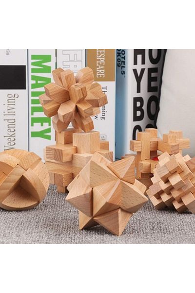 OEM Set of 9 Wooden Puzzles, Kongming, 4.5 x 4.5 cm, 6 years+, own design and difficulty levels