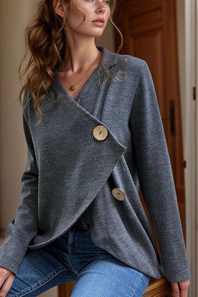 bacc Women's Anthracite Shawl Collar Asymmetrical Cut Buttoned Loose Cardigan Bcbsk-25700-3328