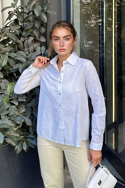 bacc Women's White Self-Embroidered Casual Shirt Bcbsk-25700-3398