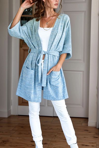 bacc Women's Blue Belted Pocket Loose Cardigan Bcbsk-25700-3307