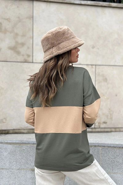 bacc Women's Khaki Zippered Color Block Polo Collar Casual Sweatshirt Bcbsk-25700-3471