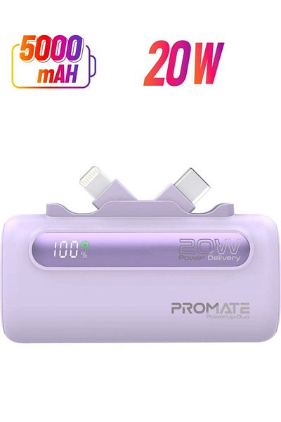 Promate PowerUp-Duo Mini Power Bank with USB-C and Lightning Foldable Connectors