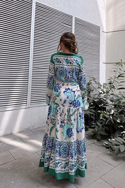 bacc Rochie de damă albastră cu model cu talie lejeră cu curea Bcbsk-25700-3439