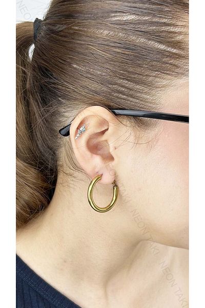 Neon Takı by Atalay Ring Model with Sensitivity Tag and Balloon Form, Stainless Steel Earrings 398, Gold Color