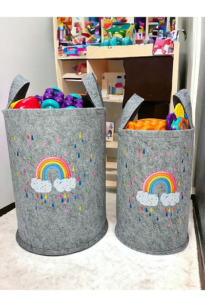 Trend Sizde Unisex Gray Rainbow Themed Large and Medium Size Toy Laundry Basket