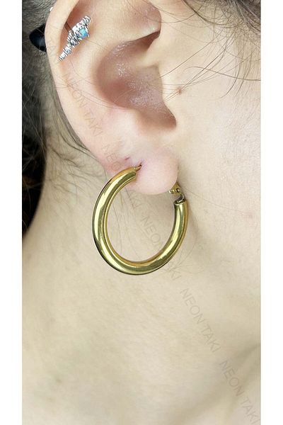 Neon Takı by Atalay Ring Model with Sensitivity Tag and Balloon Form, Stainless Steel Earrings 398, Gold Color