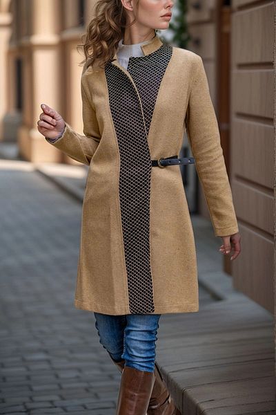 bacc Women's Caramel Brown Leather Buckle Chain Garnished Judge Collar Stamp Coat Bcbsk-25700-3319