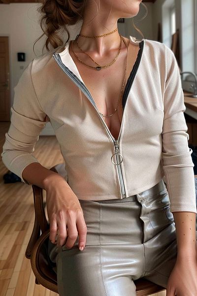 bacc Γυναικεία μπεζ καμιζόλα με φερμουάρ Lycra Crop Blouse Bcbsk-25700-3323