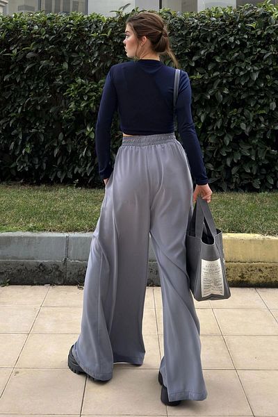 bacc Women's Gray Elastic Waist Pocket Wide Leg Soft Textured Loose Trousers Bcbsk-25700-3391