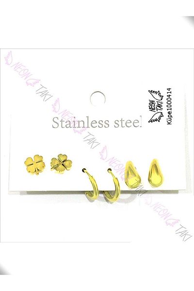 Neon Takı by Atalay Receptivity Tag and Multiple Earrings, Clover, Hoop, Drop Bottega, Stainless Steel Earrings 414, Gold Color