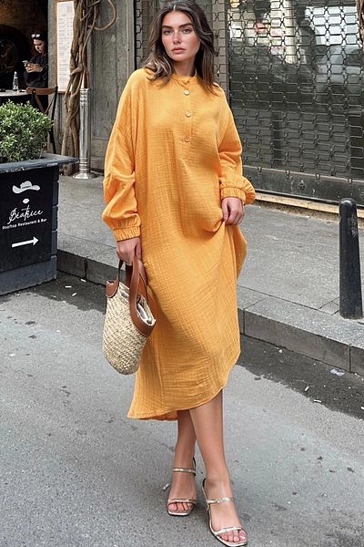 bacc Women's Mustard Oversize Half Placket Dress Bcbsk-25700-3515