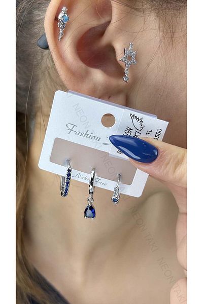 Neon Takı by Atalay Receptivity Tag and Multiple Earrings, Zircon Stone, Blue Mini Stone Earrings 580, Silver Color