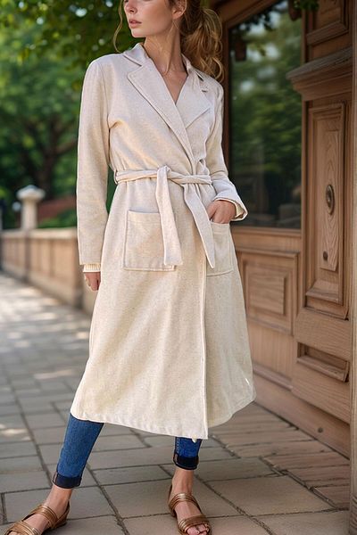 bacc Women's Ecru Jacket Collar Belted Pocket Cashmere Coat Bcbsk-25700-3310