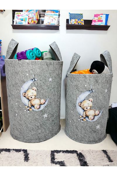 Trend Sizde Gray Bear Printed Unisex Sleepy and Cute Large and Medium Size Toy Laundry Basket