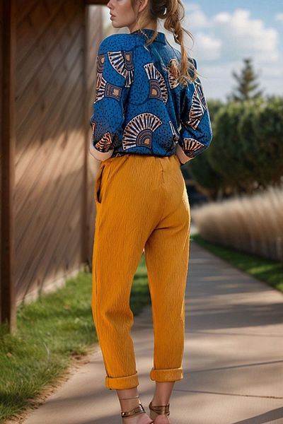 bacc Women's Mustard Self Textured Elastic Waist Pocket Trousers Bcbsk-25700-3273