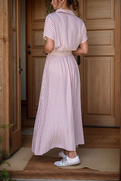 bacc Rochie pentru femei Dusty Rose, cu guler polo, cu talie elastică, cu centură automată, cu fantă Bcbsk-25700-3386