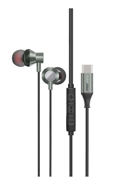 Promate Earphones with USB-C Connector, Wired Earphones with Microphone, Call Function, Anti-Tangle