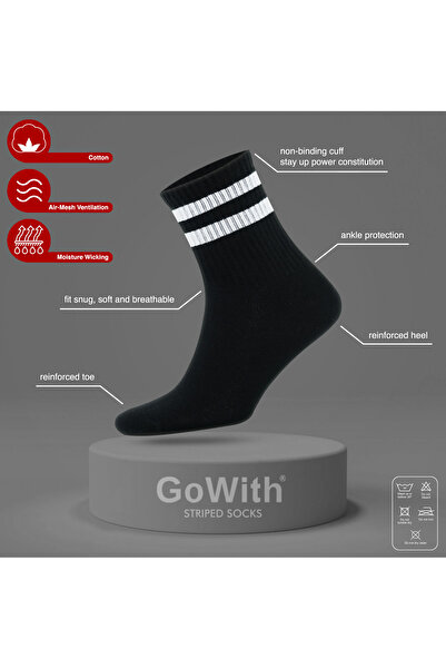 Go With 3'lü Siyah Pamuklu Çemberli Kısa Yarım Konç Yıkamalı Fitilli Kolej Tipi Tenis Spor Erkek Çorap 3501