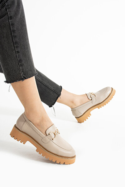 Getcho Alaba Women's Stone Genuine Leather Loafer – Stylish Stone Detailed, Thick Soled, Casual and Stylish Shoe Model