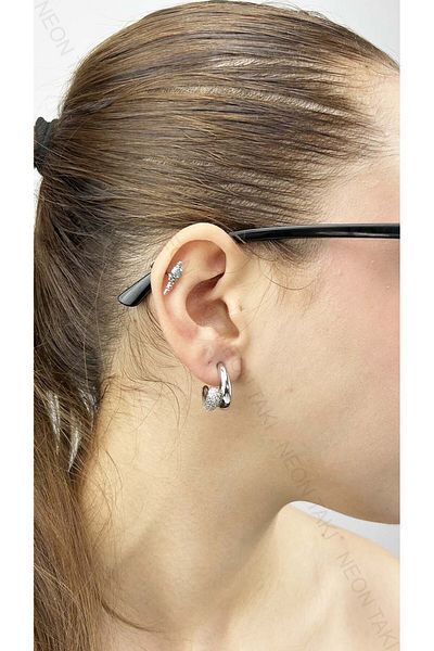 Neon Takı by Atalay Sensitivity Sticker and Zircon Stone, Double Look Vip Earrings 603, Silver Color