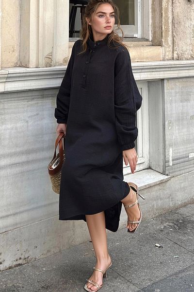 bacc Women's Black Oversize Half Placket Dress Bcbsk-25700-3515