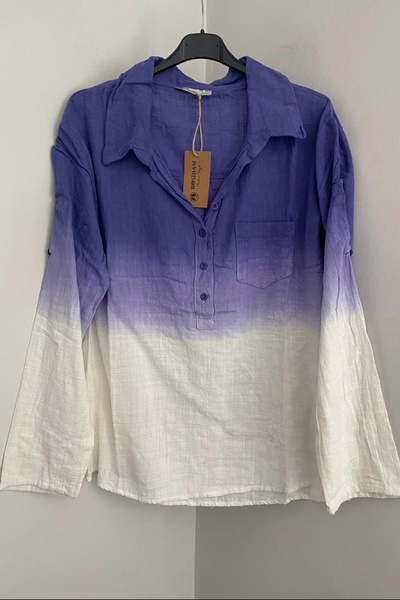 AYASOFYA OTANTIK Жіноча сорочка з фіолетовими ґудзиками, коміром деграде, скл...