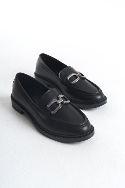 ZOLESSA Kadın Siyah Gümüş Toka Detaylı Şık Günlük Deri Ayakkabı Kısa Topuklu Rahat Makosen Ayakkabı