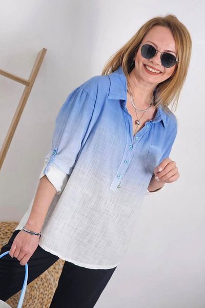 AYASOFYA OTANTIK Cămașă cu nasturi albastră pentru femei, guler, mâneci pliabile, cămașă de in, bluză, tunică