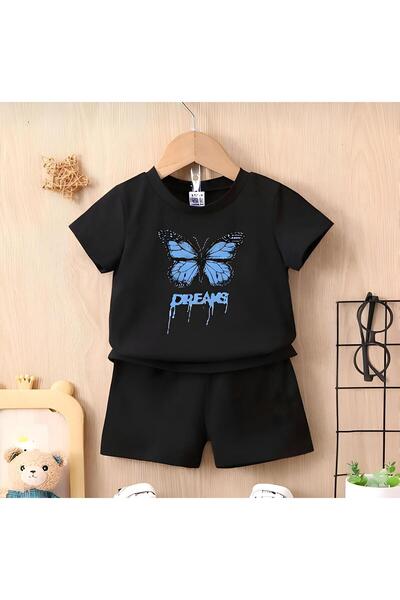 LOUİSA Girl Black Shorts-T-Shirt Blue Dreams Printed Set