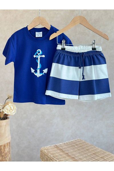 MİO Set de tricou cu imprimeu Anchor albastru din bumbac și pantaloni scurți cu dungi pentru băieți