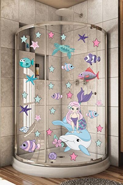 KT Decor Cabina de duș cu sirenă, delfin și pești - autocolant de perete